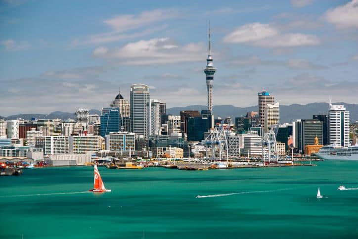 Auckland skyline and harbour in New Zealand, popular city for international students